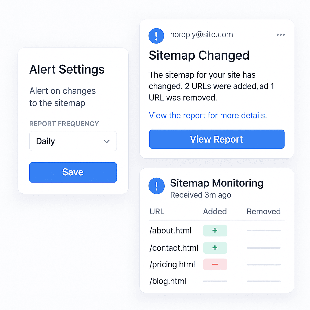 Sample email alerts and reports showing sitemap changes